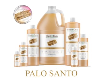 May include: Various sizes of Palo Santo fragrance bottles and jugs are displayed, ranging from small to large. The bottles are filled with a light amber liquid and feature a label with the text "Plant Guru" and "Palo Santo". The image also includes a bundle of Palo Santo sticks.