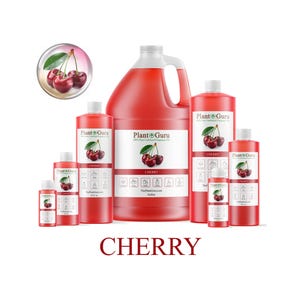 May include: A collection of red bottles and containers of various sizes, labeled "Plant Guru" and "Cherry." The image includes a gallon jug, several bottles, and a small vial, all filled with a red liquid. A cherry illustration is on each label.