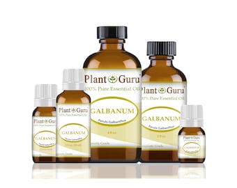 May include: A collection of amber glass bottles of varying sizes, each labeled with "Plant Guru" and "Galbanum." The bottles have black or white caps and contain a clear liquid. The labels also include the text "100% Pure Essential Oil."