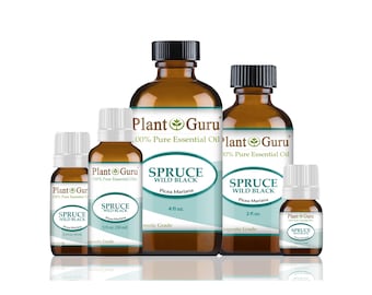 May include: An assortment of brown glass bottles of essential oil, labeled "Plant Guru" and "Spruce Wild Black." The bottles vary in size, with labels in white and teal. The largest bottle is 4 fl oz.