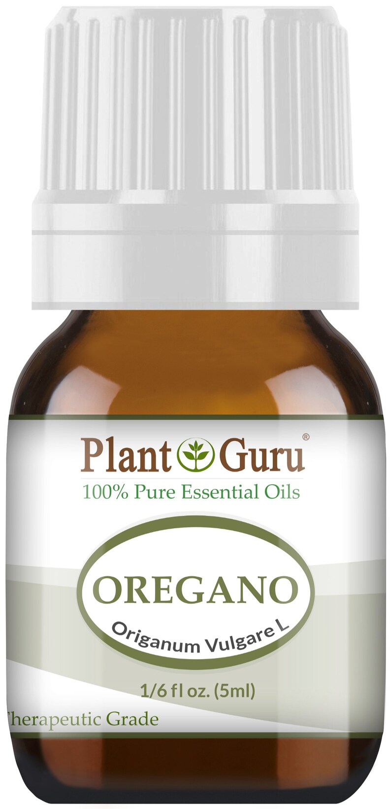 Puede incluir: Una botella de vidrio marr&oacute;n de aceite esencial de or&eacute;gano con tapa blanca. La etiqueta dice "Plant Guru 100% Pure Essential Oils" y "OREGANO". La botella contiene 5 ml de aceite de grado terap&eacute;utico.