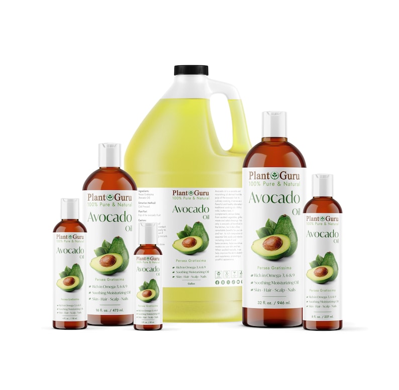 May include: A collection of avocado oil bottles and a large jug. The bottles vary in size, all featuring the "Plant Guru" logo and avocado illustrations. The labels highlight the oil's purity and benefits for skin, hair, and scalp. The largest container holds approximately 128 fl oz.