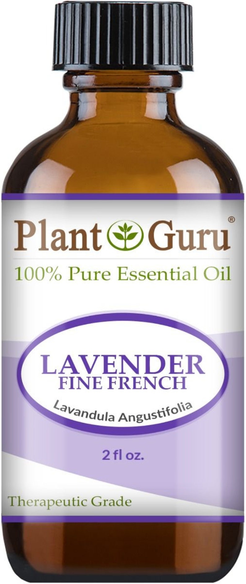 Puede incluir: Botella de vidrio marr&oacute;n de aceite esencial Plant Guru Lavanda Fine French. La etiqueta incluye el texto "100% Pure Essential Oil", "Lavandula Angustifolia" y "2 fl oz."
