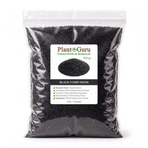May include: A clear plastic resealable bag filled with small black cumin seeds. The white label features the text Plant Guru Natural Herbs & Botanicals, Black Cumin Seeds, Botanical Name: Nigella Sativa, and the weight of 5 lbs. / 5 pounds.