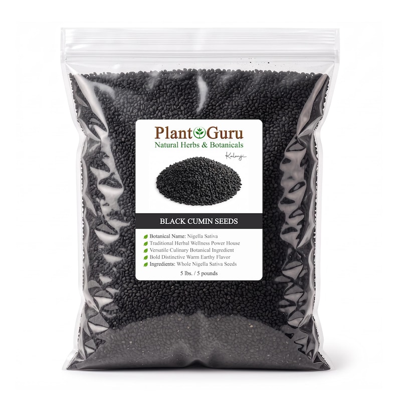 May include: A clear plastic resealable bag filled with small black cumin seeds. The white label features the text Plant Guru Natural Herbs & Botanicals, Black Cumin Seeds, Botanical Name: Nigella Sativa, and the weight of 5 lbs. / 5 pounds.