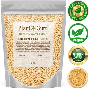 Pu&ograve; includere: Un sacchetto trasparente pieno di semi di lino dorati. Il sacchetto ha un'etichetta con scritto "Plant Guru" e "Golden Flax Seeds". L'etichetta indica anche che il prodotto &egrave; non OGM, senza glutine, vegano e senza conservanti. Il sacchetto contiene 907 grammi di semi.