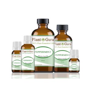 May include: A collection of amber glass bottles of Plant Guru peppermint essential oil. The bottles range in size from 1/3 fl oz to 4 fl oz. Each bottle has a black cap and a white label with green accents. The labels read "PEPPERMINT" and "100% Pure Essential Oil."