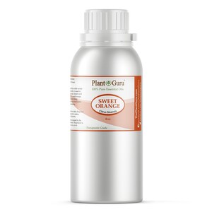 May include: A silver metal bottle with a white cap, labeled "Plant Guru 100% Pure Essential Oils." The label reads "Sweet Orange Citrus Sinensis" and "8 oz." The bottle is for therapeutic grade essential oils.
