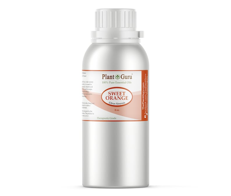 May include: A silver metal bottle with a white cap, labeled "Plant Guru 100% Pure Essential Oils." The label reads "Sweet Orange Citrus Sinensis" and "8 oz." The bottle is for therapeutic grade essential oils.