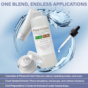 Op de afbeelding: Afbeelding toont Plant Guru-producten, waaronder een fles, tube, druppelaar en potje cr&egrave;me. De fles is gelabeld met "VG 70% PG 30%" en "16 fl. oz.". De tekst "ONE BLEND, ENDLESS APPLICATIONS" staat bovenaan.
