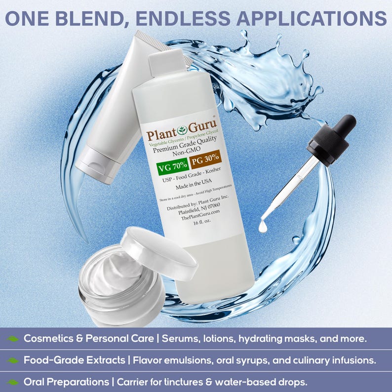 Op de afbeelding: Afbeelding toont Plant Guru-producten, waaronder een fles, tube, druppelaar en potje cr&egrave;me. De fles is gelabeld met "VG 70% PG 30%" en "16 fl. oz.". De tekst "ONE BLEND, ENDLESS APPLICATIONS" staat bovenaan.