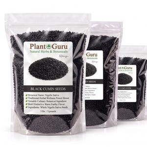 May include: Three clear, resealable stand-up pouches filled with black cumin seeds. The labels feature the Plant Guru logo, the text Black Cumin Seeds, Nigella Sativa, and list the weight as 3 lbs. / 3 pounds for the largest bag.