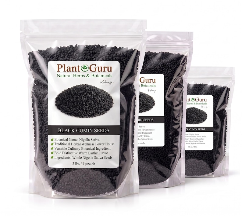 May include: Three clear, resealable stand-up pouches filled with black cumin seeds. The labels feature the Plant Guru logo, the text Black Cumin Seeds, Nigella Sativa, and list the weight as 3 lbs. / 3 pounds for the largest bag.