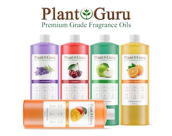 Könnte beinhalten: Plant Guru Duftöle in verschiedenen Düften, darunter Lavendel, Kirsche, Apfelfantasie, Süßorange und tropische Mango. Jede Flasche ist mit dem Duftnamen beschriftet und zeigt ein entsprechendes Bild. Die Flaschen sind 946 ml.