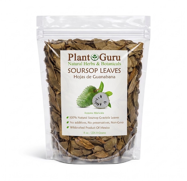 May include: A clear plastic stand-up pouch filled with dried brown soursop leaves. The label reads Plant Guru Natural Herbs & Botanicals, SOURSOP LEAVES, Hojas de Guanabana, Annona Muricata, 100% Natural Soursop Graviola Leaves, 8 oz. / 226.8 Grams.