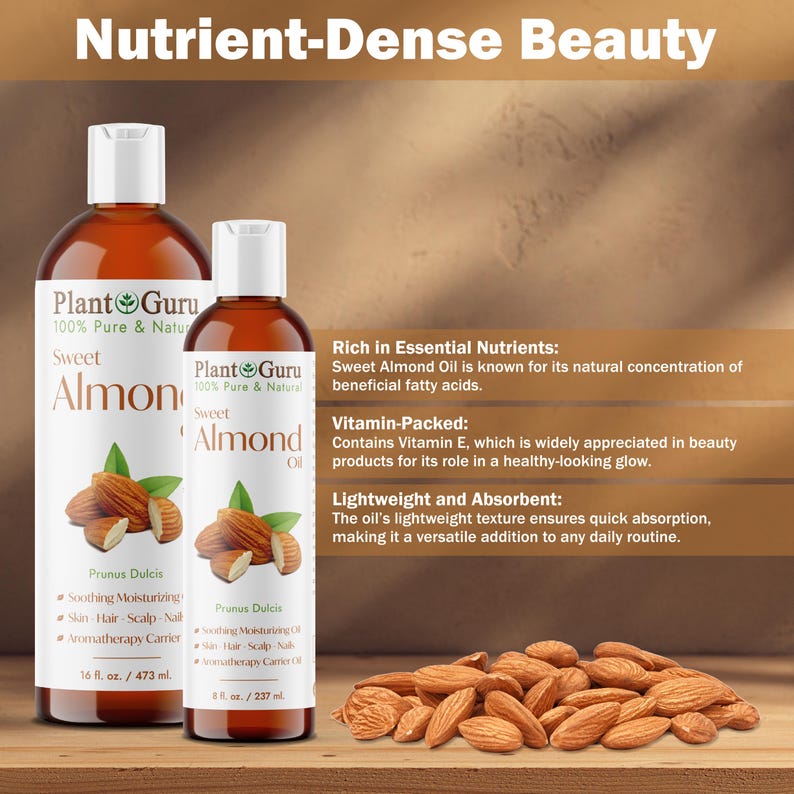 May include: Two bottles of Plant Guru Sweet Almond Oil, one 16 fl oz (473 ml) and one 8 fl oz (237 ml), with white caps and brown liquid. The label features almonds and green leaves. Text reads "Nutrient-Dense Beauty."
