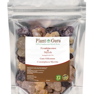 May include: A clear plastic bag filled with brown and tan frankincense and myrrh resin. The bag has a label that reads "Plant Guru 100% Frankincense/Myrrh Resin Frankincense & Myrrh Packaged in the USA Gum Olibanum Commiphora Myrrha" and includes the text "1/2 oz."