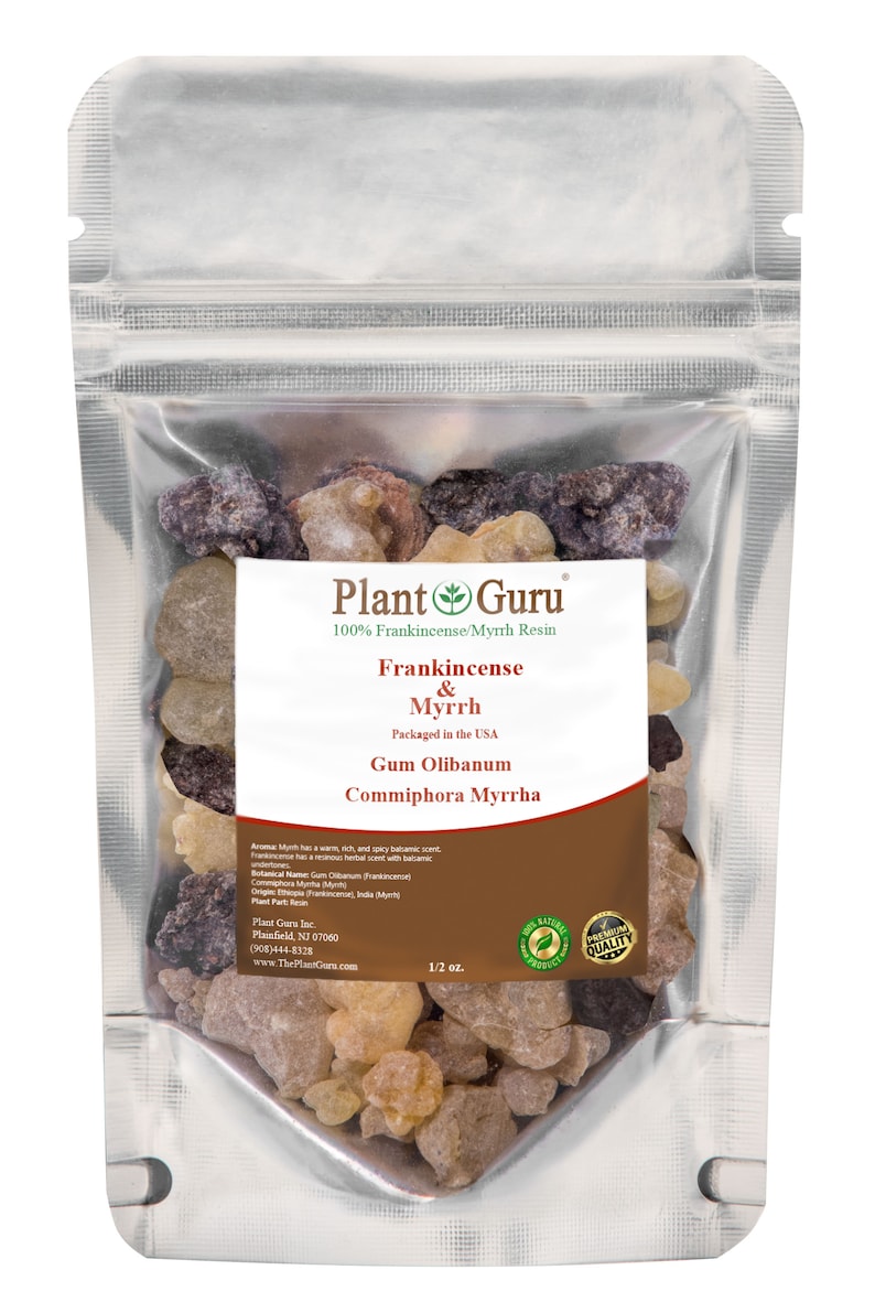 May include: A clear plastic bag filled with brown and tan frankincense and myrrh resin. The bag has a label that reads "Plant Guru 100% Frankincense/Myrrh Resin Frankincense & Myrrh Packaged in the USA Gum Olibanum Commiphora Myrrha" and includes the text "1/2 oz."