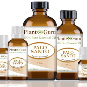 May include: Four amber glass bottles of Palo Santo essential oil in various sizes, labeled "Plant Guru 100% Pure Essential Oil Palo Santo Bursera Graveolens Therapeutic Grade" with the sizes 1 fl oz, 2 fl oz, and 4 fl oz.