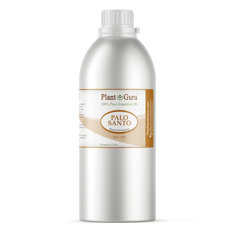 May include: A silver metal bottle of Palo Santo essential oil from Plant Guru. The label reads "100% Pure Essential Oil" and "32 oz. / 2 lbs." The label also includes the text "Palo Santo Bursera Graveolens" and "Therapeutic Grade."