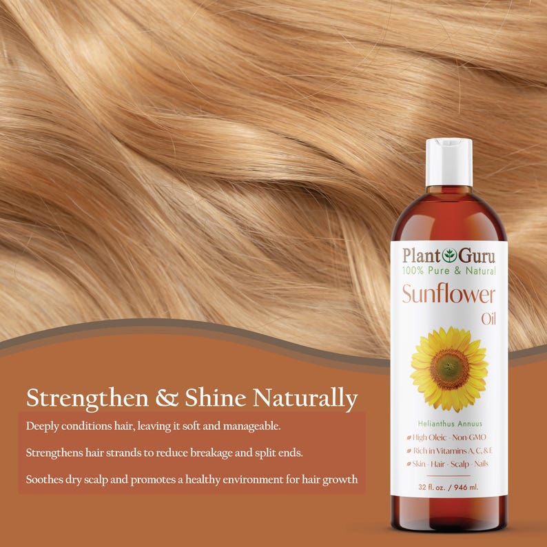 K&ouml;nnte beinhalten: Eine durchsichtige Glasflasche mit Plant Guru Sonnenblumen&ouml;l, einem 100% reinen und nat&uuml;rlichen Produkt. Die Flasche ist mit dem Produktnamen und den Inhaltsstoffen beschriftet, darunter Helianthus Annuus, hoher &Ouml;ls&auml;uregehalt, nicht-GVO, reich an Vitaminen A, C und E, und f&uuml;r Haut, Haare, Kopfhaut und N&auml;gel. Die Flasche hat ein Fassungsverm&ouml;gen von 32 fl. oz. / 946 ml.