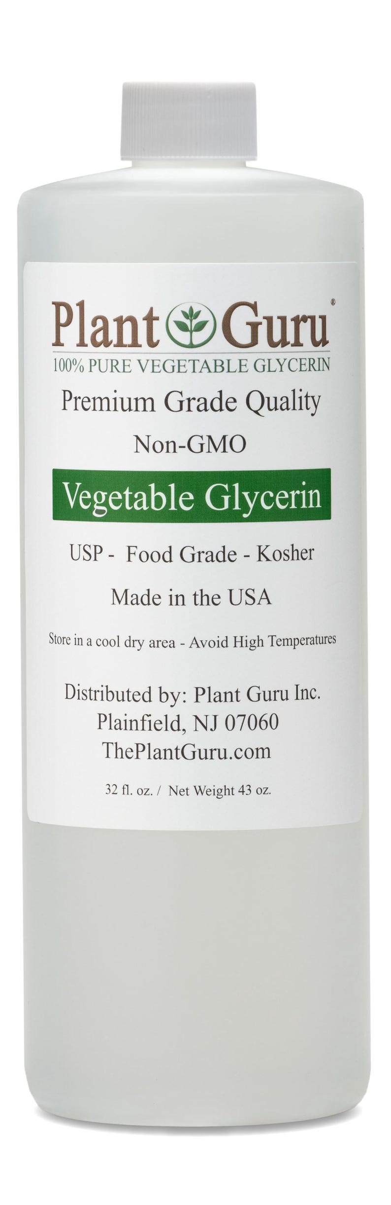 Puede incluir: Una botella de pl&aacute;stico transparente con glicerina vegetal 100% pura de Plant Guru. La etiqueta indica Premium Grade Quality, Non-GMO, USP Food Grade, Kosher, Made in the USA, 946 ml y un peso neto de 1219 gramos.
