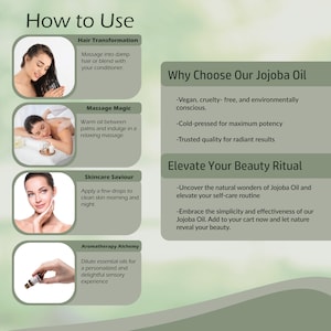 May include: Informational graphic with text: "How to Use" and "Why Choose Our Jojoba Oil." Features images of people using the oil for hair, massage, skincare, and aromatherapy. The text describes the benefits of the oil.
