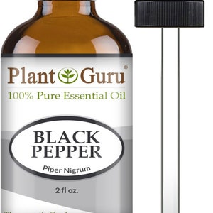 May include: A brown glass bottle of Plant Guru Black Pepper essential oil with a black dropper. The label reads "100% Pure Essential Oil" and "Black Pepper Piper Nigrum 2 fl oz.". The bottle has a black cap.