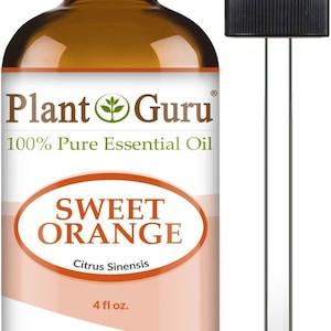 May include: A brown glass bottle of Plant Guru Sweet Orange 100% Pure Essential Oil, 4 fl oz. The label features the brand name and product details. A clear glass dropper is positioned next to the bottle.