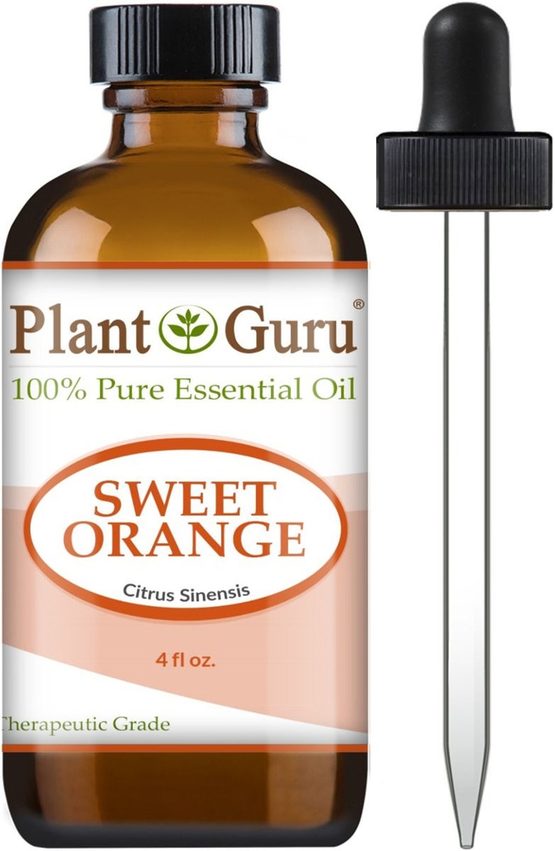 May include: A brown glass bottle of Plant Guru Sweet Orange 100% Pure Essential Oil, 4 fl oz. The label features the brand name and product details. A clear glass dropper is positioned next to the bottle.