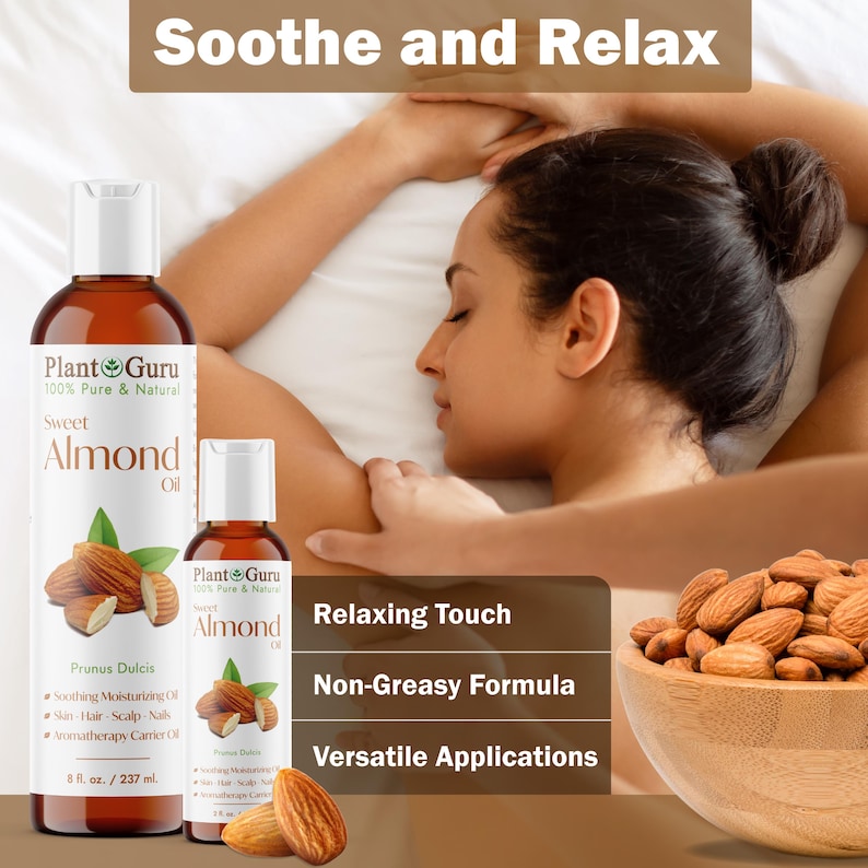 May include: Two bottles of Plant Guru Sweet Almond Oil, 8 fl. oz. / 237 ml, with almond illustrations. The image includes the text "Soothe and Relax", "Relaxing Touch", "Non-Greasy Formula", and "Versatile Applications". A person is receiving a massage.