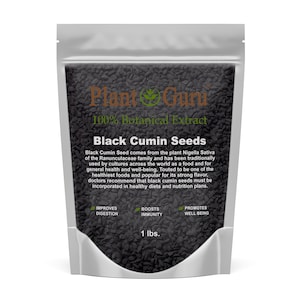 May include: A silver pouch filled with black cumin seeds. The package features the text "Plant Guru 100% Botanical Extract Black Cumin Seeds." The label highlights benefits like improved digestion, boosted immunity, and promoted well-being. The package contains 1 lb of seeds.