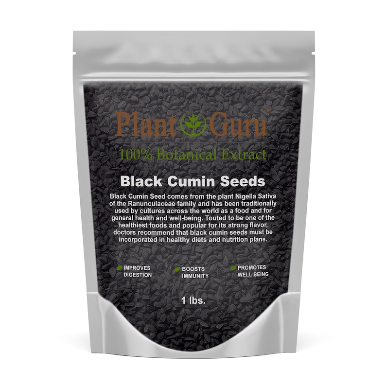 May include: A silver pouch filled with black cumin seeds. The package features the text "Plant Guru 100% Botanical Extract Black Cumin Seeds." The label highlights benefits like improved digestion, boosted immunity, and promoted well-being. The package contains 1 lb of seeds.