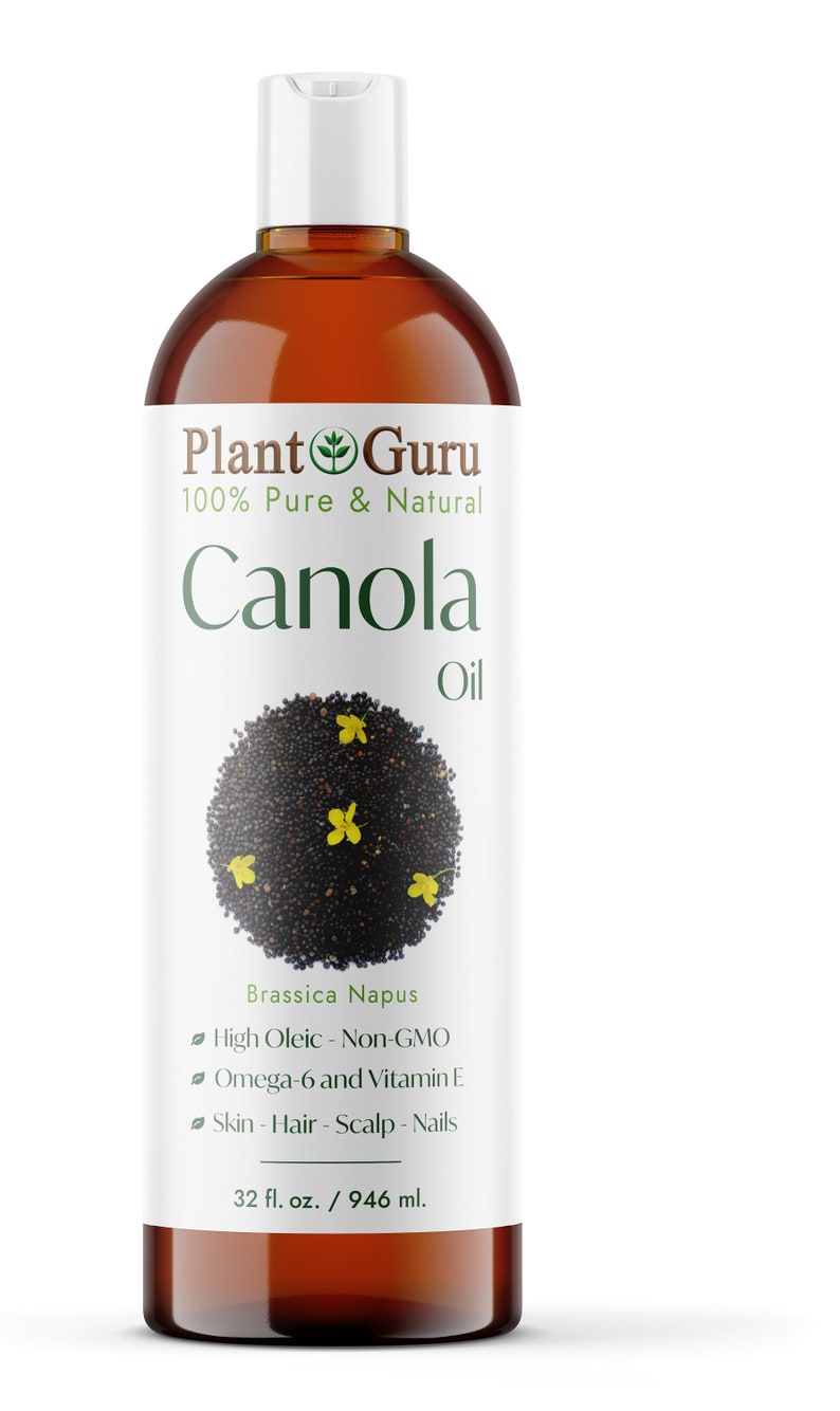 May include: A brown bottle of Plant Guru Canola Oil. The label features the text "Canola Oil" and a graphic of black seeds with yellow flowers. The bottle contains 32 fl. oz. / 946 ml. of oil.