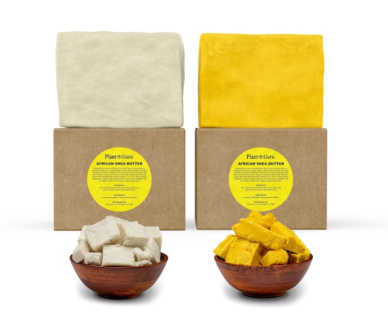 May include: Two brown boxes with white labels that say "Plant Guru African Shea Butter" with two blocks of shea butter on top of each box. One block is yellow and the other is white. Both blocks are broken into smaller pieces and placed in wooden bowls.