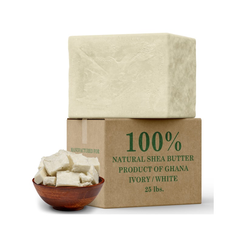 May include: A 25 pound block of 100% natural shea butter, ivory/white in color, from Ghana. The shea butter is packaged in a brown cardboard box with the words "100% Natural Shea Butter Product of Ghana Ivory/White 25 lbs." printed on the front.