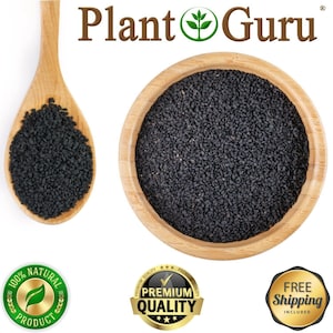 May include: A wooden spoon filled with black seeds next to a wooden bowl filled with the same seeds. The text "Plant Guru" is at the top. The image also includes "100% Natural Product", "Premium Quality", and "Free Shipping Included" badges.