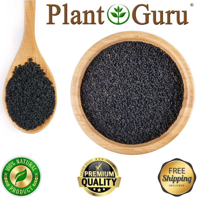 May include: A wooden spoon filled with black seeds next to a wooden bowl filled with the same seeds. The text "Plant Guru" is at the top. The image also includes "100% Natural Product", "Premium Quality", and "Free Shipping Included" badges.
