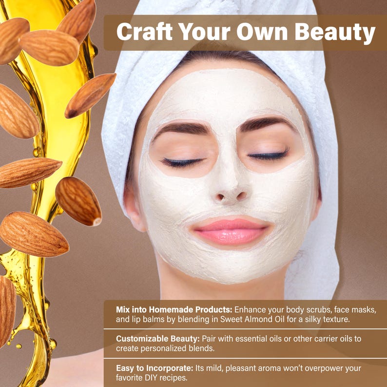 May include: A person with a white face mask and a white towel on their head. The image includes almonds and text that reads "Craft Your Own Beauty". The text also mentions homemade products, customizable beauty, and easy incorporation.