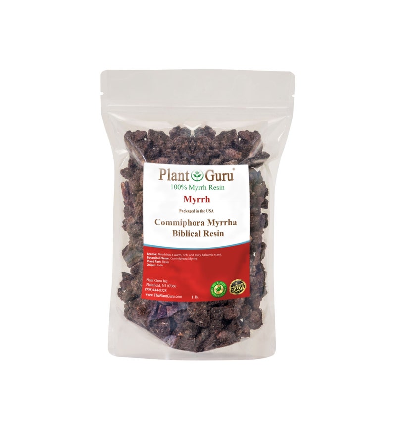 May include: A resealable plastic bag filled with dark brown myrrh resin. The bag has a label that reads "Plant Guru 100% Myrrh Resin Myrrh Commiphora Myrrha Biblical Resin".