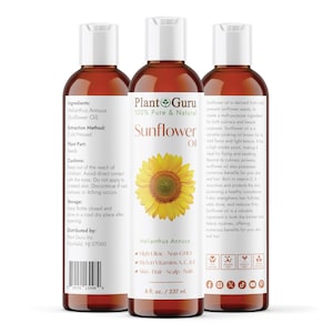 K&ouml;nnte beinhalten: Drei bernsteinfarbene Glasflaschen mit Plant Guru 100% reinem und nat&uuml;rlichem Sonnenblumen&ouml;l. Die Flaschen haben wei&szlig;e Verschl&uuml;sse und Etiketten mit einer Sonnenblumendarstellung. Der Text auf dem Etikett lautet "High Oleic - Non GMO", "Rich in Vitamins A, C & E", "Skin - Hair - Scalp - Nails" und "8 fl. oz. / 237 ml."