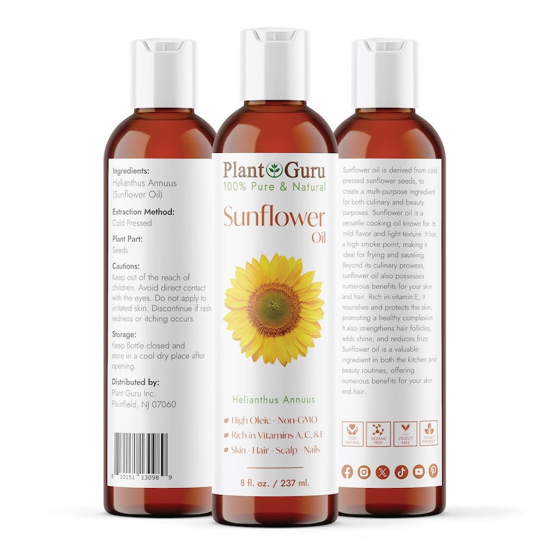 K&ouml;nnte beinhalten: Drei bernsteinfarbene Glasflaschen mit Plant Guru 100% reinem und nat&uuml;rlichem Sonnenblumen&ouml;l. Die Flaschen haben wei&szlig;e Verschl&uuml;sse und Etiketten mit einer Sonnenblumendarstellung. Der Text auf dem Etikett lautet "High Oleic - Non GMO", "Rich in Vitamins A, C & E", "Skin - Hair - Scalp - Nails" und "8 fl. oz. / 237 ml."