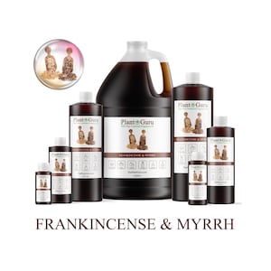 May include: A collection of Plant Guru Frankincense & Myrrh products in various sizes, from small bottles to a gallon jug. The bottles are dark brown with white labels and the text "Frankincense & Myrrh". The image includes a circular graphic.