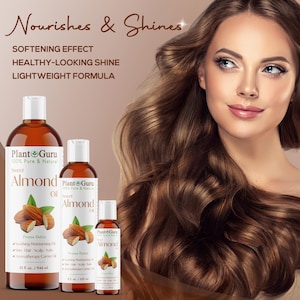 May include: Three bottles of Plant Guru Sweet Almond Oil are displayed, ranging in size from small to large. The bottles are amber-colored with white labels and caps. The labels feature text and an illustration of almonds. The image also includes a woman with long, wavy brown hair.