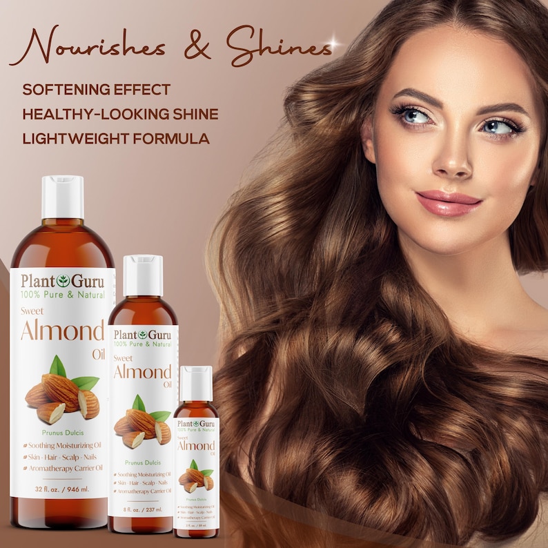May include: Three bottles of Plant Guru Sweet Almond Oil are displayed, ranging in size from small to large. The bottles are amber-colored with white labels and caps. The labels feature text and an illustration of almonds. The image also includes a woman with long, wavy brown hair.