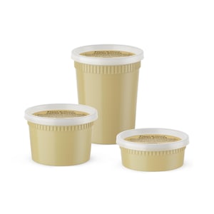 May include: Three containers of cocoa butter in varying sizes. The containers are a light tan color with white lids. The lids have a label with text. The containers are arranged on a white background.