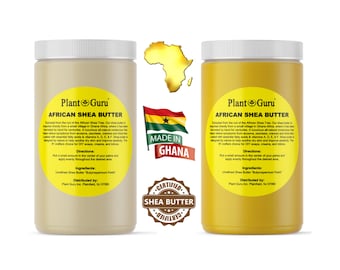 May include: Two cylindrical containers of Plant Guru African Shea Butter. One is off-white, the other yellow. The labels include text, a map of Africa, a Ghana flag, and a "Made in Ghana" seal. A "Certified Shea Butter" seal is also visible.
