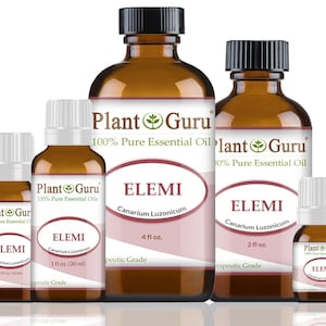 May include: Four bottles of Elemi essential oil in various sizes, labeled "Plant Guru 100% Pure Essential Oils". The bottles are amber glass with black caps and white labels. The largest bottle is 4 fluid ounces, the next is 2 fluid ounces, and the smallest is 1 fluid ounce.