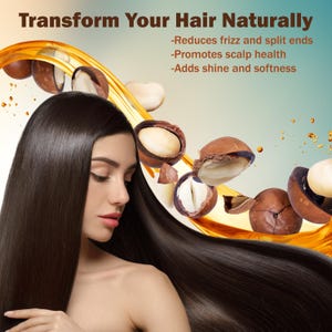 以下が含まれることがあります： 長い、光沢のある、暗い髪の女性の画像。テキスト「Transform Your Hair Naturally」が上部にあります。マカダミアナッツと金色のオイルの渦が背景にあります。テキストは利点を強調しています。
