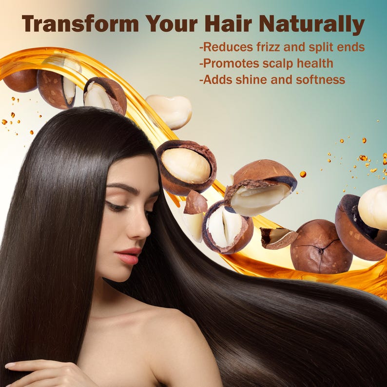 以下が含まれることがあります： 長い、光沢のある、暗い髪の女性の画像。テキスト「Transform Your Hair Naturally」が上部にあります。マカダミアナッツと金色のオイルの渦が背景にあります。テキストは利点を強調しています。